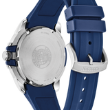 The back view of a Citizen watch with a blue silicone strap and a silver stainless steel case, showing the branded crystal and buckle on a white background.