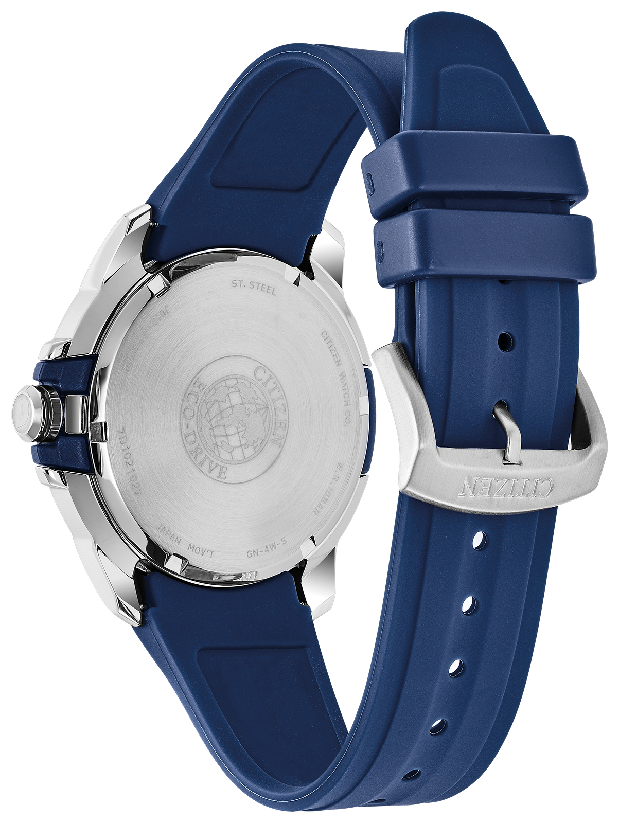 The back view of a Citizen watch with a blue silicone strap and a silver stainless steel case, showing the branded crystal and buckle on a white background.