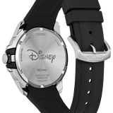 Citizen Nezmio watch with a black silicone strap and a brushed silver stainless steel case back, featuring the Disney logo and Citizen branding.