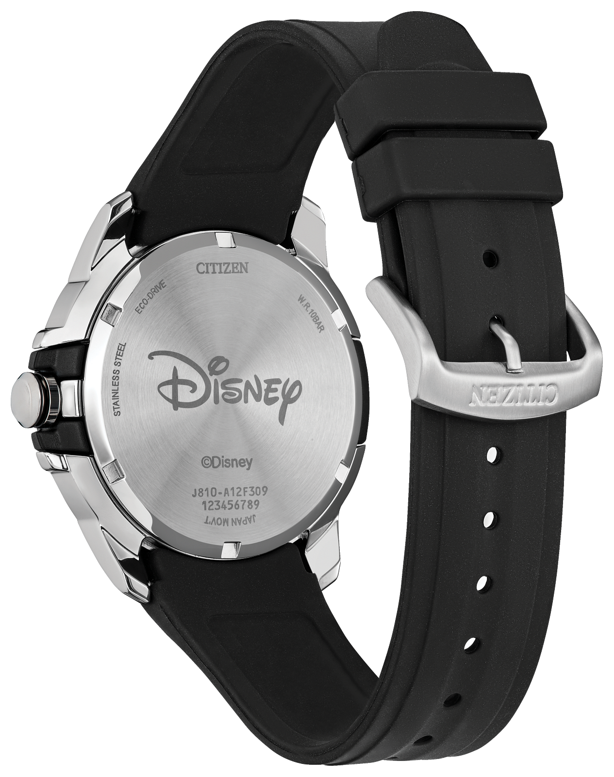 Citizen Nezmio watch with a black silicone strap and a brushed silver stainless steel case back, featuring the Disney logo and Citizen branding.