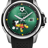 Citizen Eco-Drive watch featuring a green dial with a Mickey Mouse soccer illustration, a black perforated strap, and a silver-toned case.