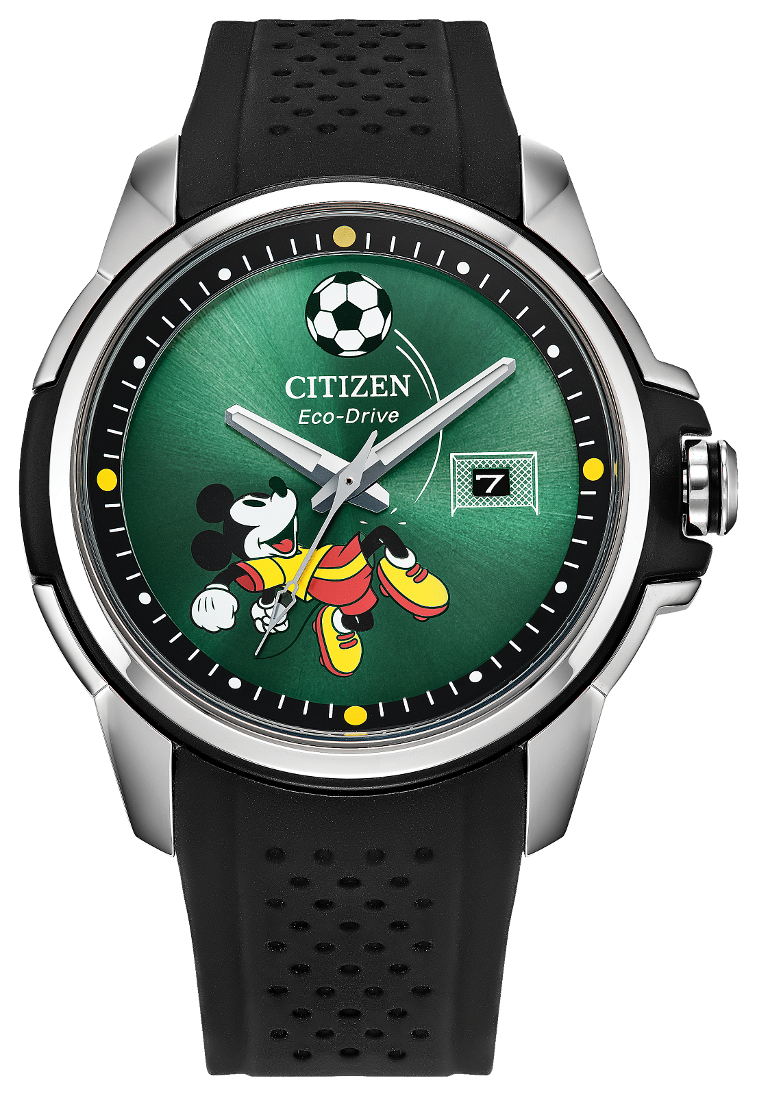 Citizen Eco-Drive watch featuring a green dial with a Mickey Mouse soccer illustration, a black perforated strap, and a silver-toned case.
