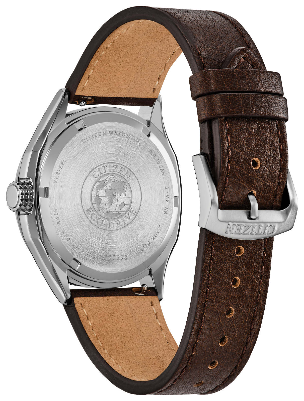Citizen Eco-Drive watch shown from the back, featuring a silver stainless steel case and a dark brown leather strap with a tan interior lining.