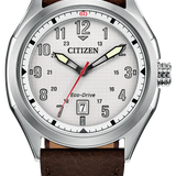 Citizen watch with brown leather strap on a white background