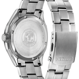 Citizen Eco-Drive stainless steel watch shown from the back, featuring a brushed metal case back with a clear glass cover and a matching steel link bracelet with a brushed clasp.