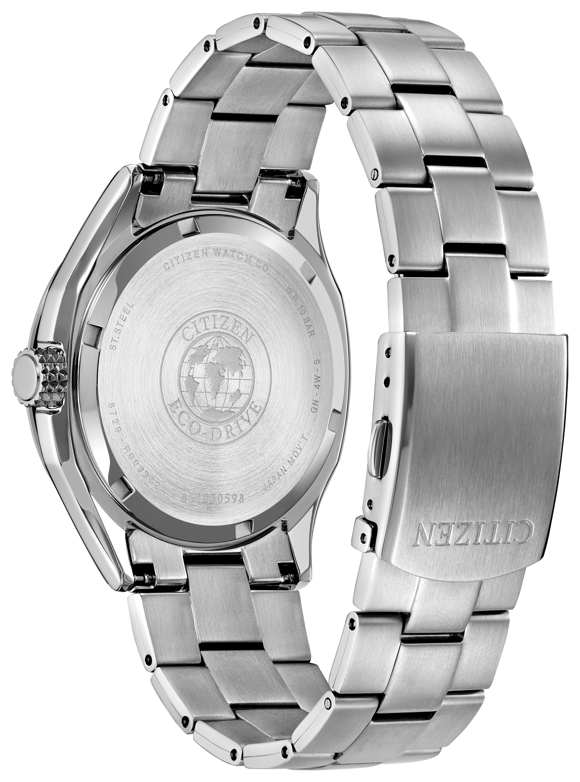 Citizen Eco-Drive stainless steel watch shown from the back, featuring a brushed metal case back with a clear glass cover and a matching steel link bracelet with a brushed clasp.