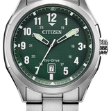Citizen Eco-Drive stainless steel watch with a green dial and silver metal bracelet, shown on a white background.