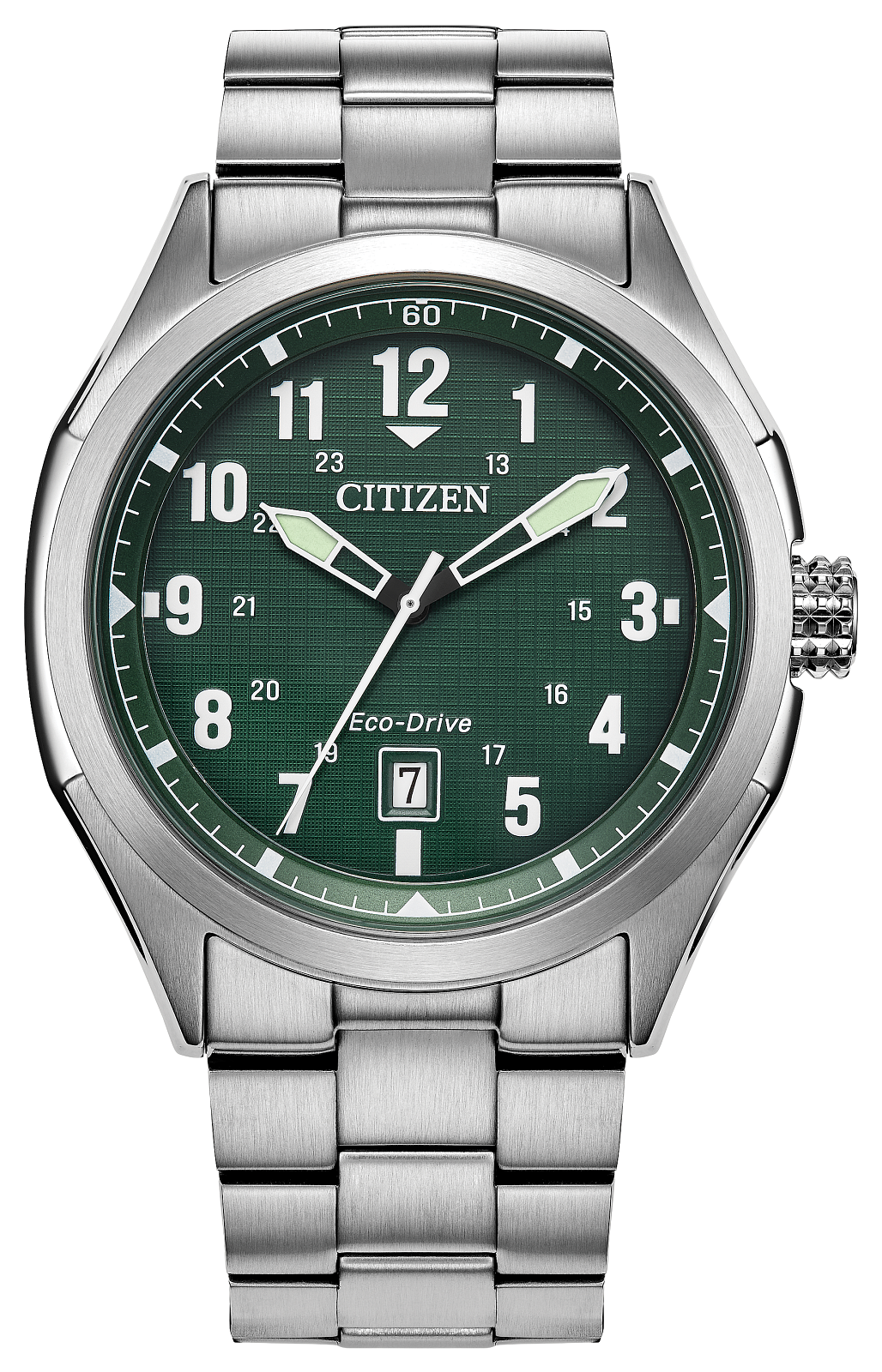 Citizen Eco-Drive stainless steel watch with a green dial and silver metal bracelet, shown on a white background.