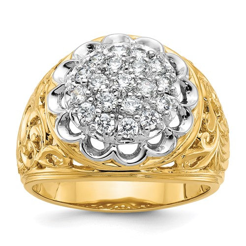 14k two-tone gold men's filigree round diamond cluster ring with polished finish, featuring intricate detailing and sparkling stones.