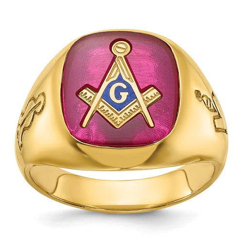 14k gold men's Masonic ring with grooved design and lab-created ruby blue lodge symbol, from Solomon Jewelers.