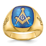 14k gold men's Masonic ring with grooved design and blue sapphire gemstone, from Solomon Jewelers.