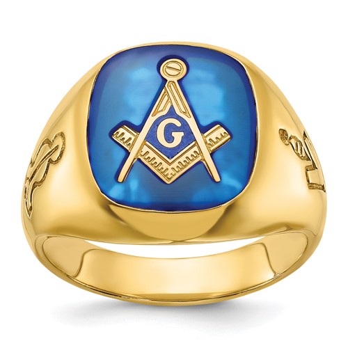 14k gold men's Masonic ring with grooved design and blue sapphire gemstone, from Solomon Jewelers.
