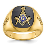 14k gold men's grooved Masonic ring with blue onyx, featuring intricate design and craftsmanship from Solomon Jewelers.