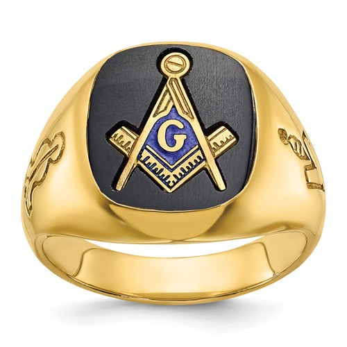 14k gold men's grooved Masonic ring with blue onyx, featuring intricate design and craftsmanship from Solomon Jewelers.