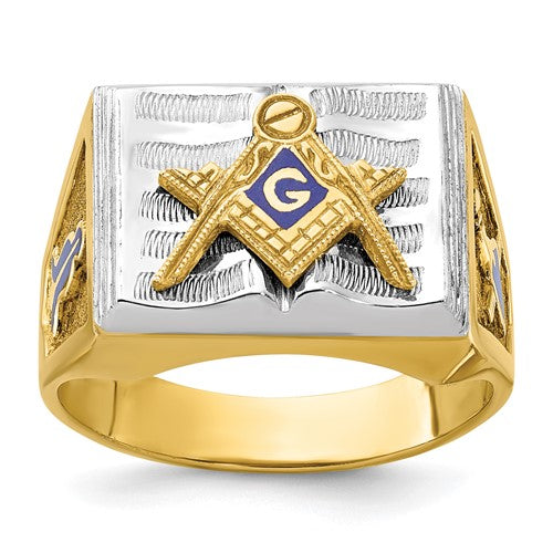 Men's 14k textured blue lodge Masonic ring by Solomon Jewelers featuring intricate design and craftsmanship.