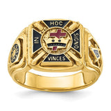 14k gold Men’s Knights Templar Masonic ring with textured design and enamel details, featuring intricate craftsmanship.