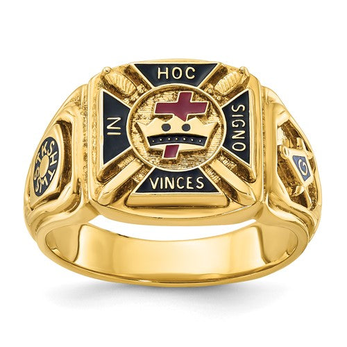 14k gold Men’s Knights Templar Masonic ring with textured design and enamel details, featuring intricate craftsmanship.