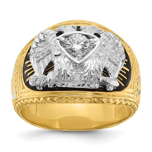 14k gold men's Scottish Rite Masonic ring with enamel and diamond details from Solomon Jewelers, featuring intricate design.