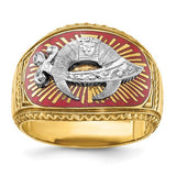 Men's 14k textured and enameled Masonic Shriner's ring by Solomon Jewelers, featuring intricate design and vibrant enamel details.