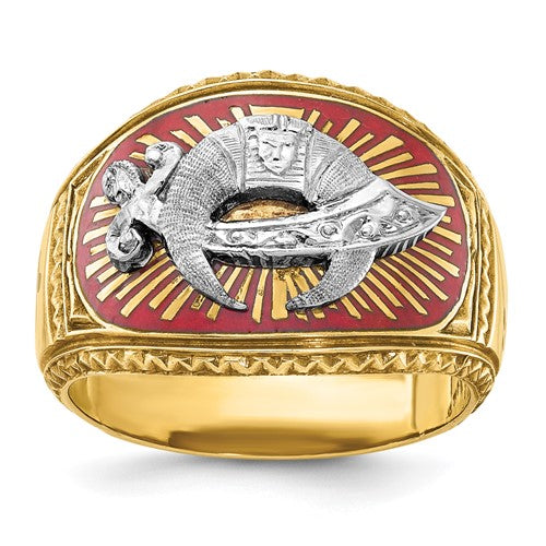 Men's 14k textured and enameled Masonic Shriner's ring by Solomon Jewelers, featuring intricate design and vibrant enamel details.