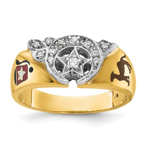 14k yellow gold men's Masonic Shriner's ring with enamel and diamond accents, featuring intricate engraved details and symbols.