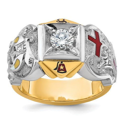 14k gold men's Knights Templar Shriners ring with enamel and diamonds, featuring detailed design, from Solomon Jewelers.