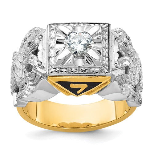 14k gold textured enamel and diamond Scottish Rite Masonic ring featuring intricate design, from Solomon Jewelers.