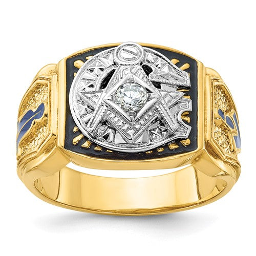 14k gold men's Masonic ring with blue enamel and diamond accents, featuring a lodge emblem, from Solomon Jewelers.