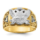 Men's 14k textured and enameled 33rd Degree Masonic ring by Solomon Jewelers, featuring intricate symbols and detailed design.