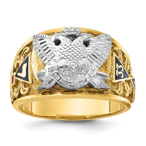 Men's 14k textured and enameled 33rd Degree Masonic ring by Solomon Jewelers, featuring intricate symbols and detailed design.