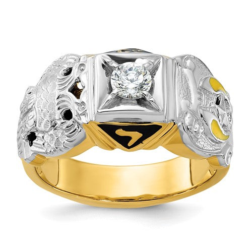 Men's 14k gold enamel and diamond Masonic eagle ring featuring intricate design, crafted by Solomon Jewelers.