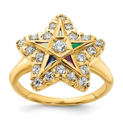 14k gold women's Masonic ring featuring multi-color cubic zirconia and diamond accents with an eastern star design.