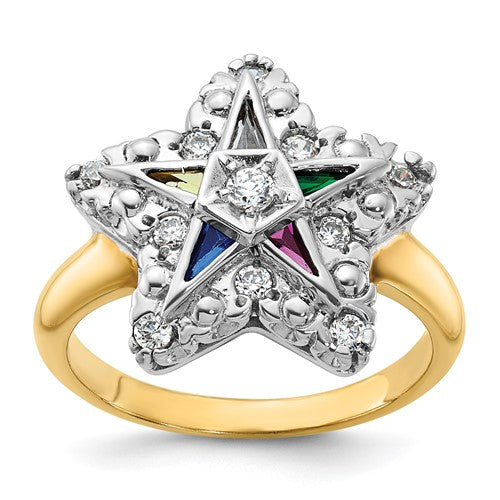 14k gold women's multi-color CZ and diamond eastern star ring, Solomon Jewelers jewelry with intricate design and sparkling stones.