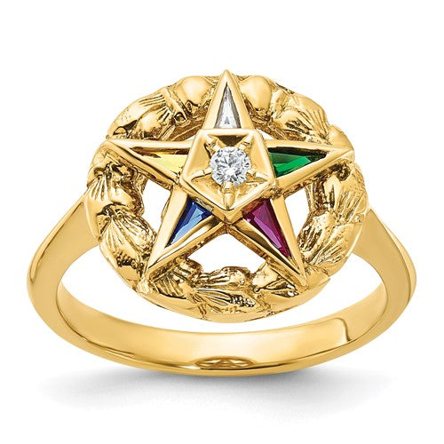 14k gold women's textured ring with multi-color CZ and diamond accent featuring an eastern star design, crafted by Solomon Jewelers.