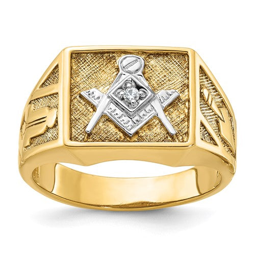14k white gold Masonic ring with textured design, diamond accents, and blue lodge emblem from Solomon Jewelers.
