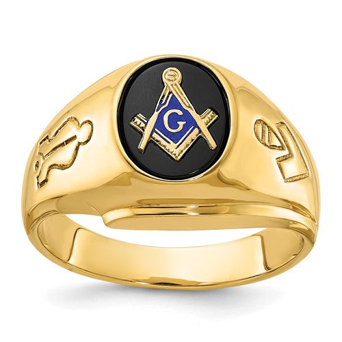 14k gold men's Masonic ring with grooved onyx blue lodge design, crafted by Solomon Jewelers.