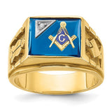 Men's 14k gold Solomon Jewelers Masonic ring with lab-created sapphire and diamond accents, featuring blue lodge design.