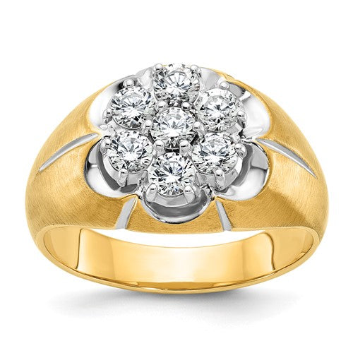 14k gold men's polished and satin round diamond cluster ring with grooved design, by Solomon Jewelers.