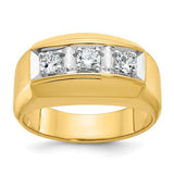14k gold men's polished and satin 3-stone diamond ring showing the elegant design and sparkling diamonds.