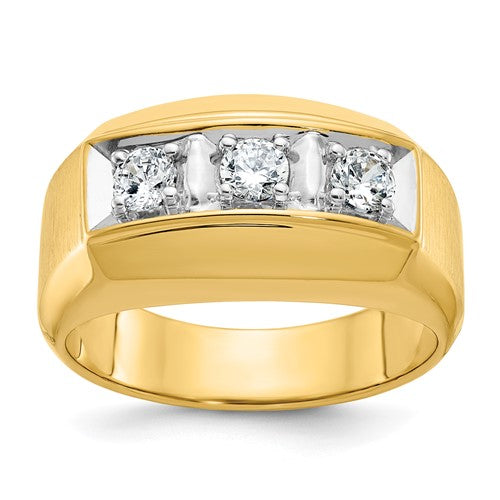 14k gold men's polished and satin 3-stone diamond ring showing the elegant design and sparkling diamonds.