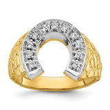 14k two-tone men's horseshoe diamond ring from Solomon Jewelers, featuring a sleek design with sparkling diamonds.