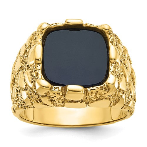 14k gold men's onyx nugget ring featuring a bold black onyx centerpiece, crafted by Solomon Jewelers.