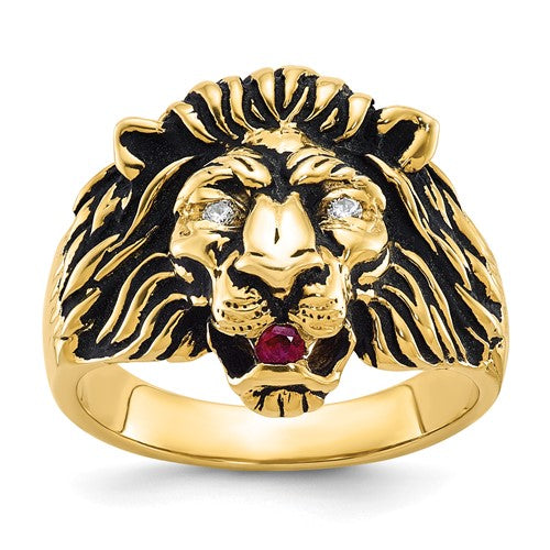 14k gold men's ring with diamond and ruby lion design, featuring an antiqued finish, from Solomon Jewelers.