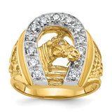14k two-tone men's horse and horseshoe diamond ring mounting from Solomon Jewelers, showcasing detailed gold and diamond accents.