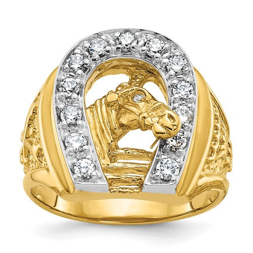 14k two-tone men's horse and horseshoe diamond ring mounting from Solomon Jewelers, showcasing detailed gold and diamond accents.