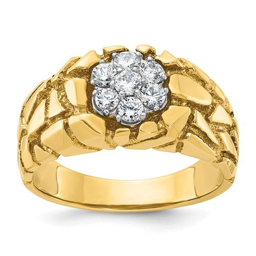 14k gold men's ring with polished and nugget texture, featuring round cluster design, by Solomon Jewelers.
