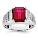 14k white gold men's ring with a central ruby and diamond accents, featuring a detailed band design.