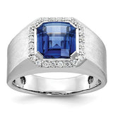 14k white gold men's ring with sapphire and diamond accents, featuring intricate detailing and a polished finish.