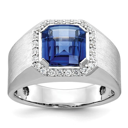 14k white gold men's ring with sapphire and diamond accents, featuring intricate detailing and a polished finish.