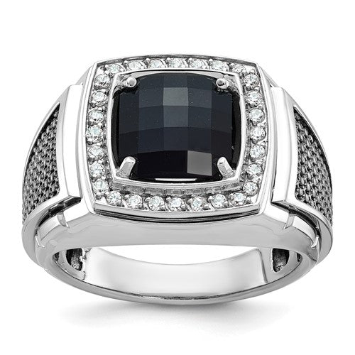14k white gold men's ring with black rhodium onyx and diamond accents, featuring a sleek design and Solomon Jewelers branding.